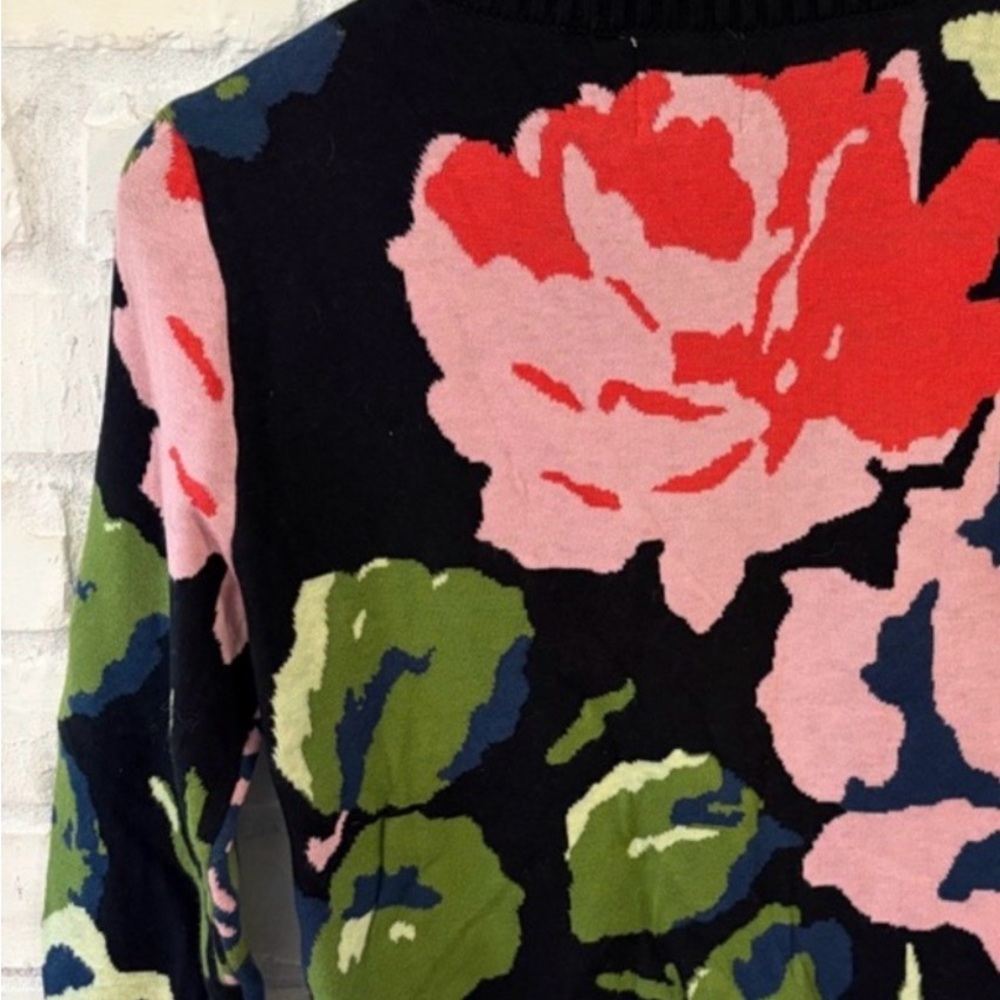 NWTAnthropologie Black Floral Crewneck Sweater with Pink, Red & Green - Picture 2 of 3